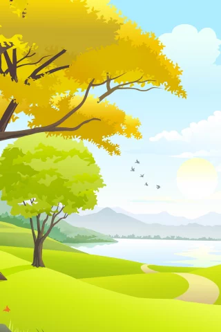 nature, road, sky, birds, trees, lake, vector art, clouds, sun, landscape, grass field