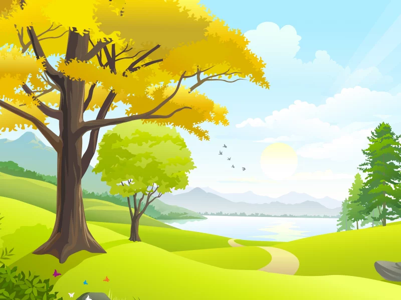 nature, road, sky, birds, trees, lake, vector art, clouds, sun, landscape, grass field