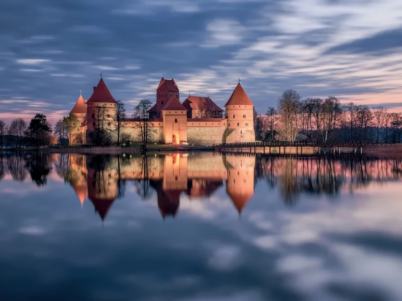 замок, литва, отражение, lithuania, озеро, тракай, закат, trakai