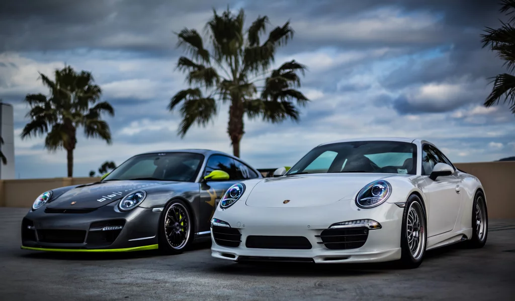 silver, front, white, sky, 911, небо, порше, серебро, palm, porsche, белый