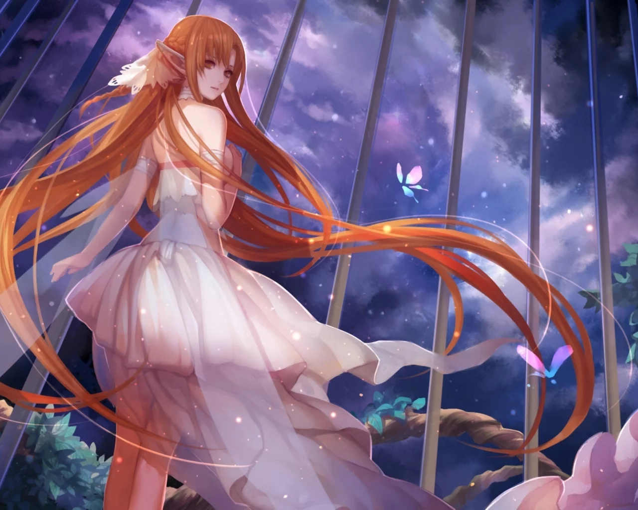 арт, ночь, sword art online, yuuki asuna, платье, девушка, уши, asukaziye