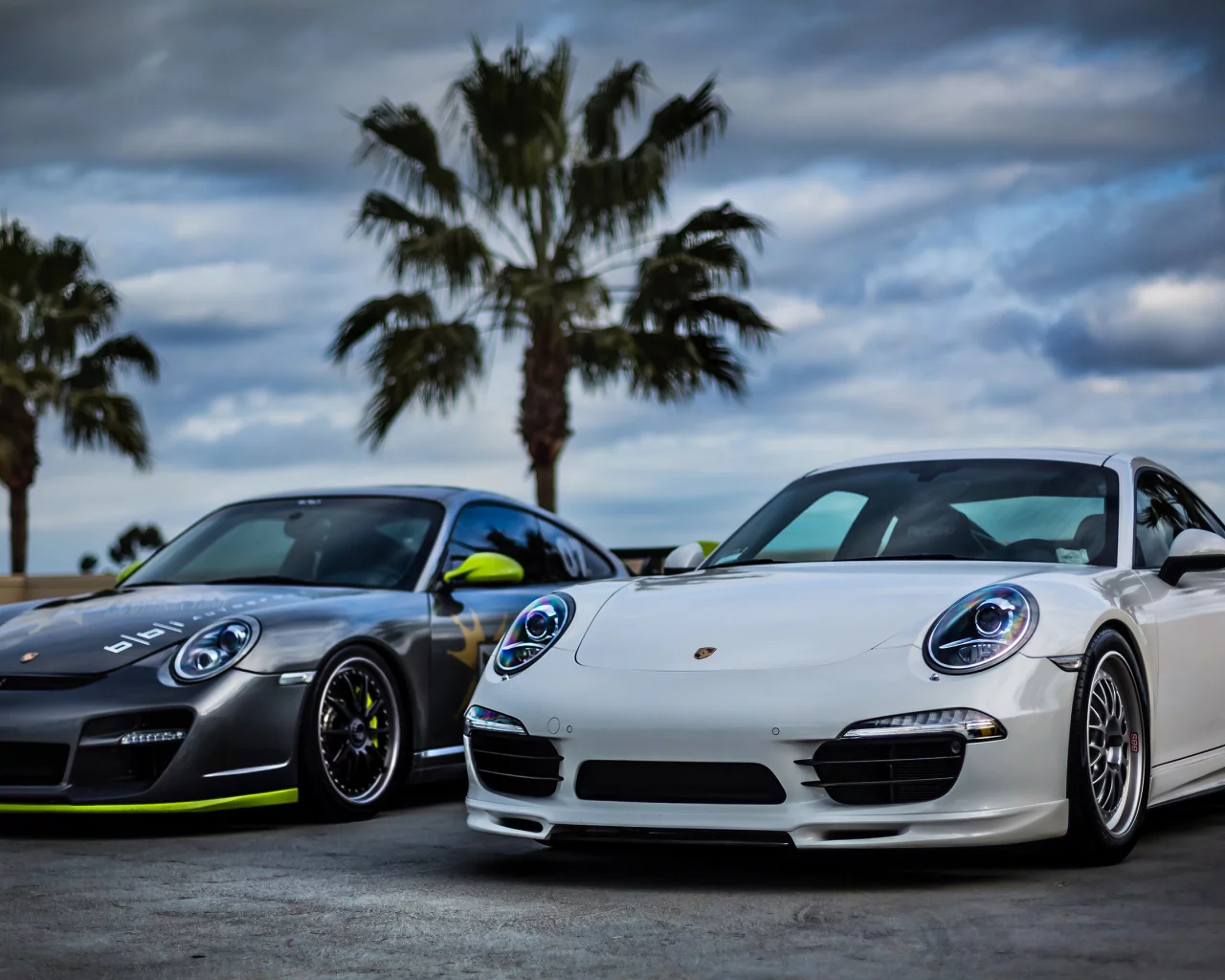silver, front, white, sky, 911, небо, порше, серебро, palm, porsche, белый