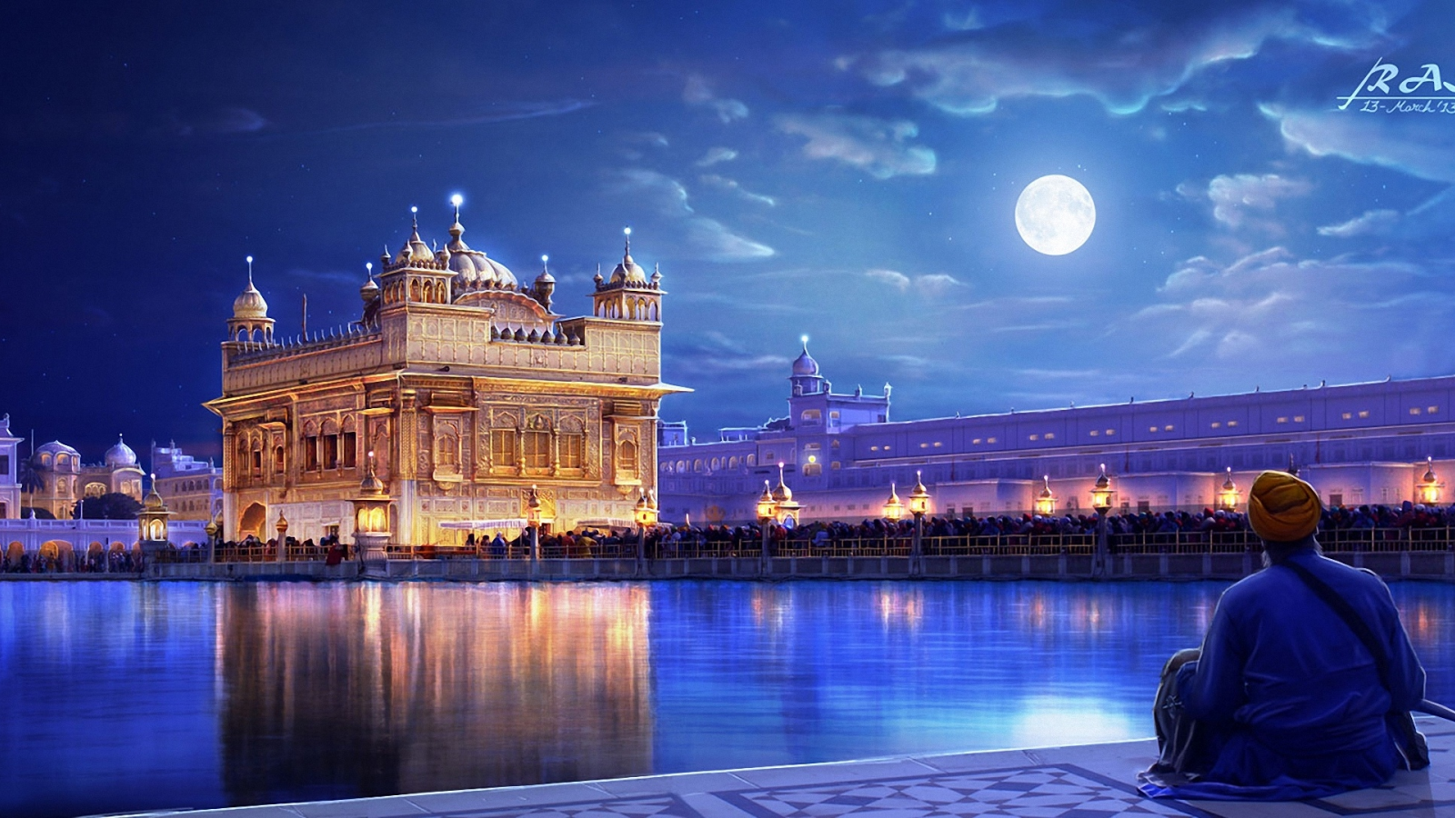 город, арт, огни, ночь, человек, the golden temple, punjab, река, india