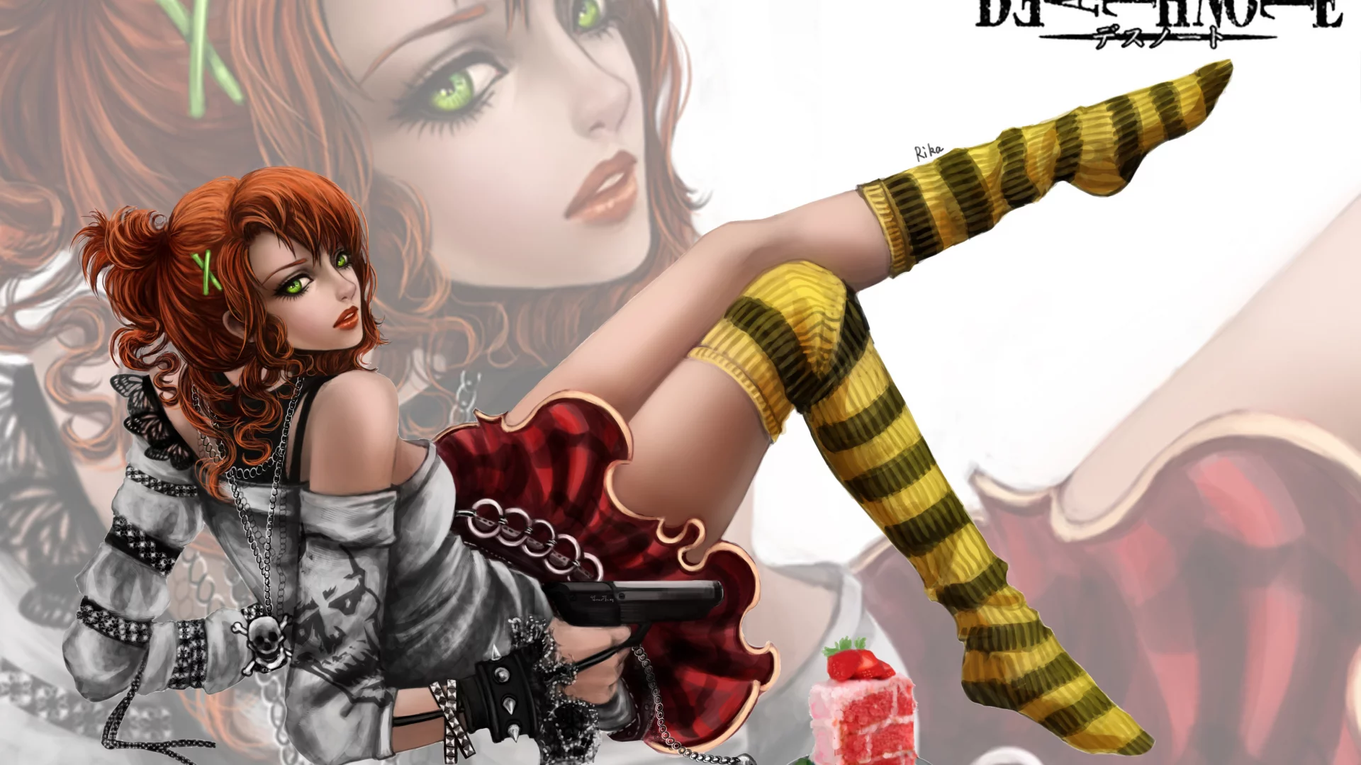 тетрадь смерти, rikamello, девушка, оружие, арт, death note
