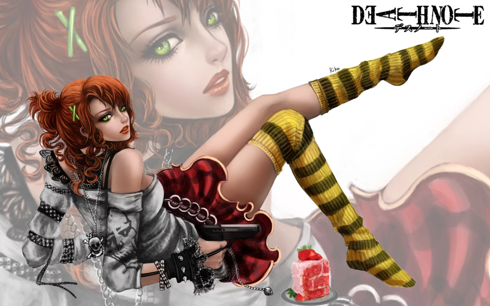 тетрадь смерти, rikamello, девушка, оружие, арт, death note