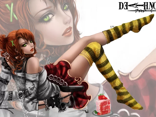 тетрадь смерти, rikamello, девушка, оружие, арт, death note
