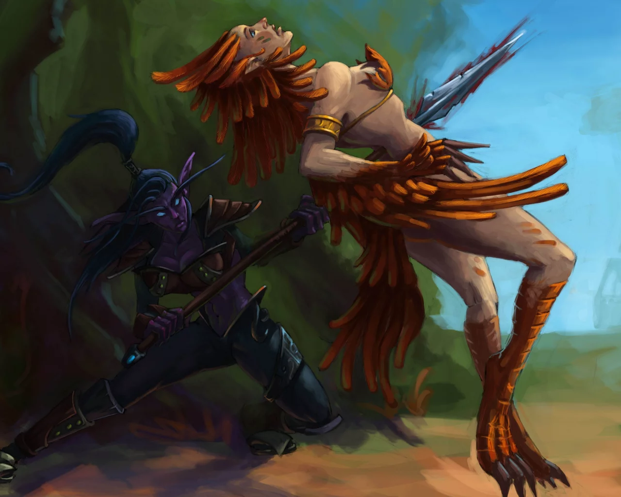 копье, лес, wow, девушка, эльфийка, world of warcraft, арт, night elf