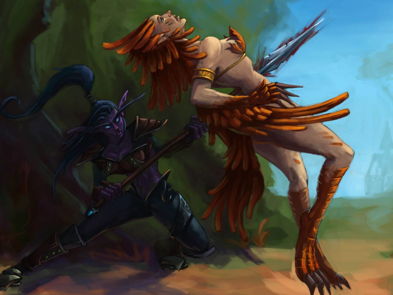 копье, лес, wow, девушка, эльфийка, world of warcraft, арт, night elf