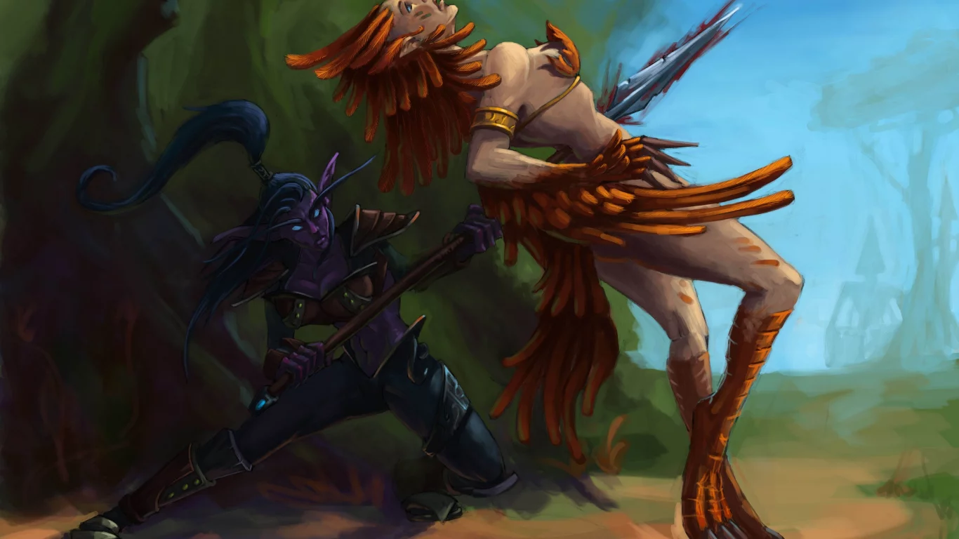 копье, лес, wow, девушка, эльфийка, world of warcraft, арт, night elf