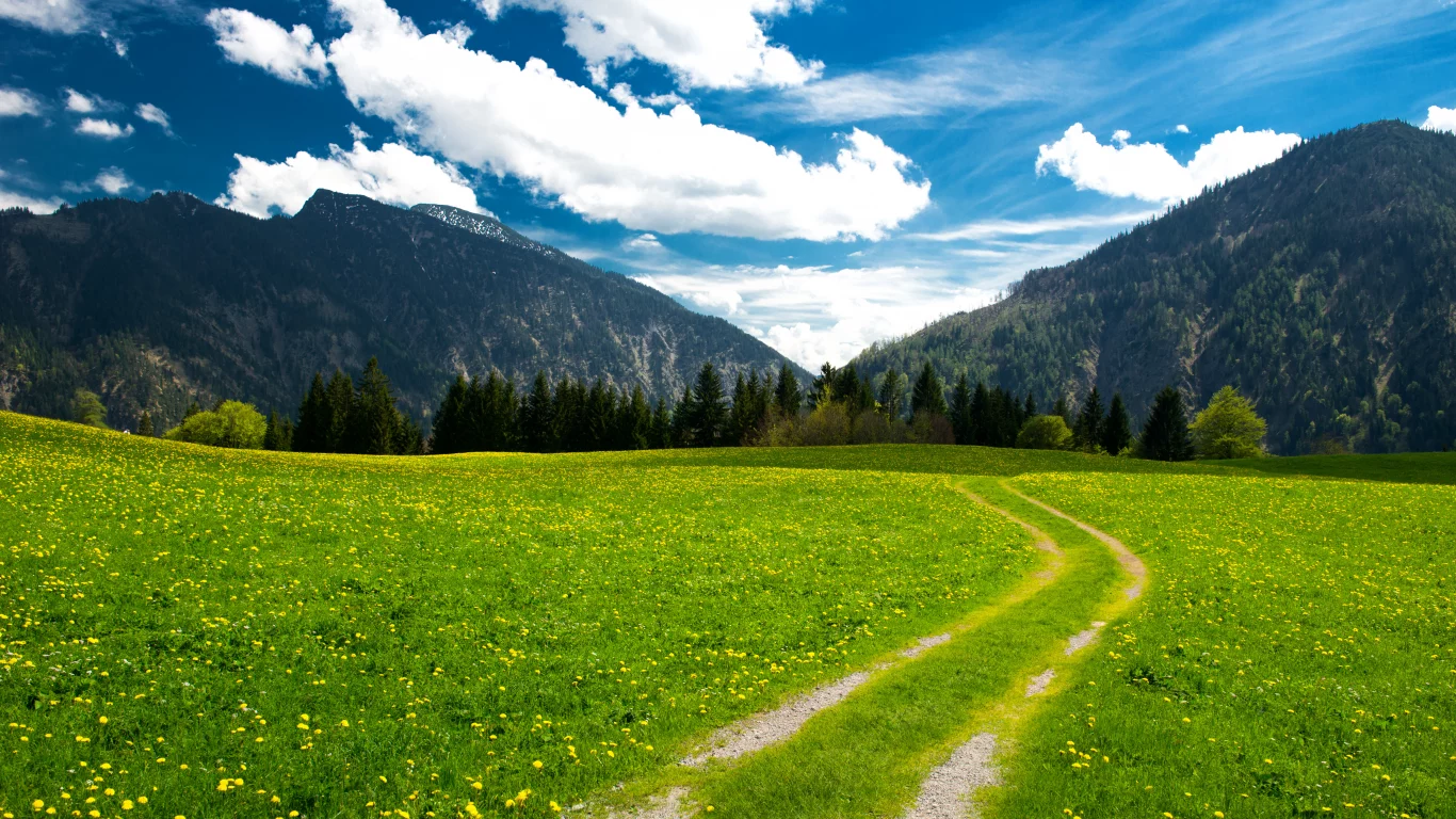 trees, mountains, clouds, beautiful nature, sky, landscape, pasture, the bavarian alps, green field