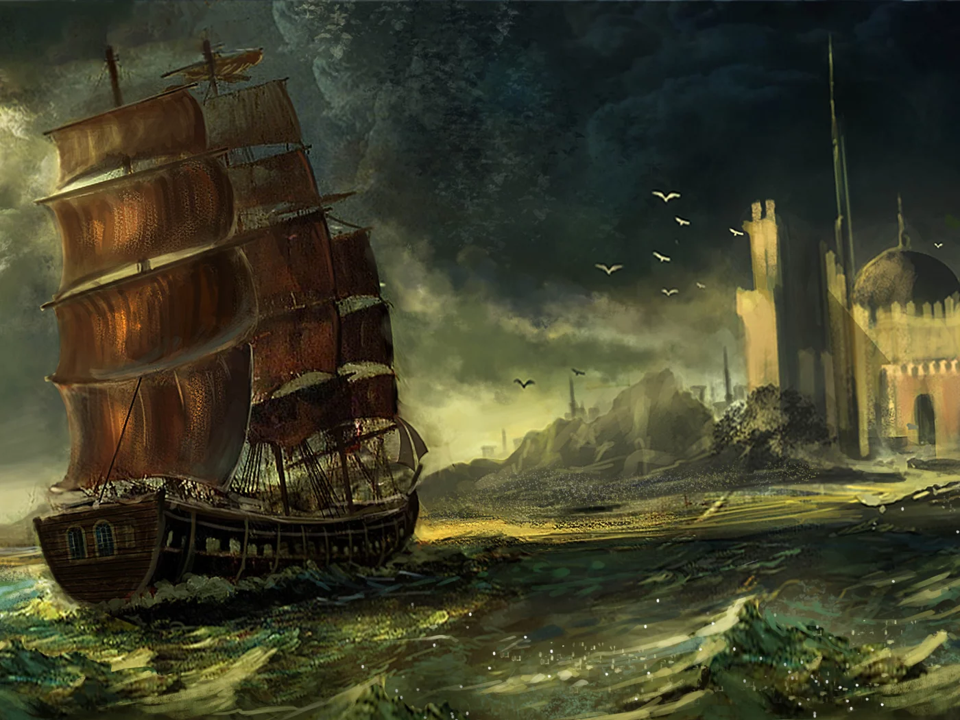  waqas mallick, парусник, город, арт, море, корабль, купол