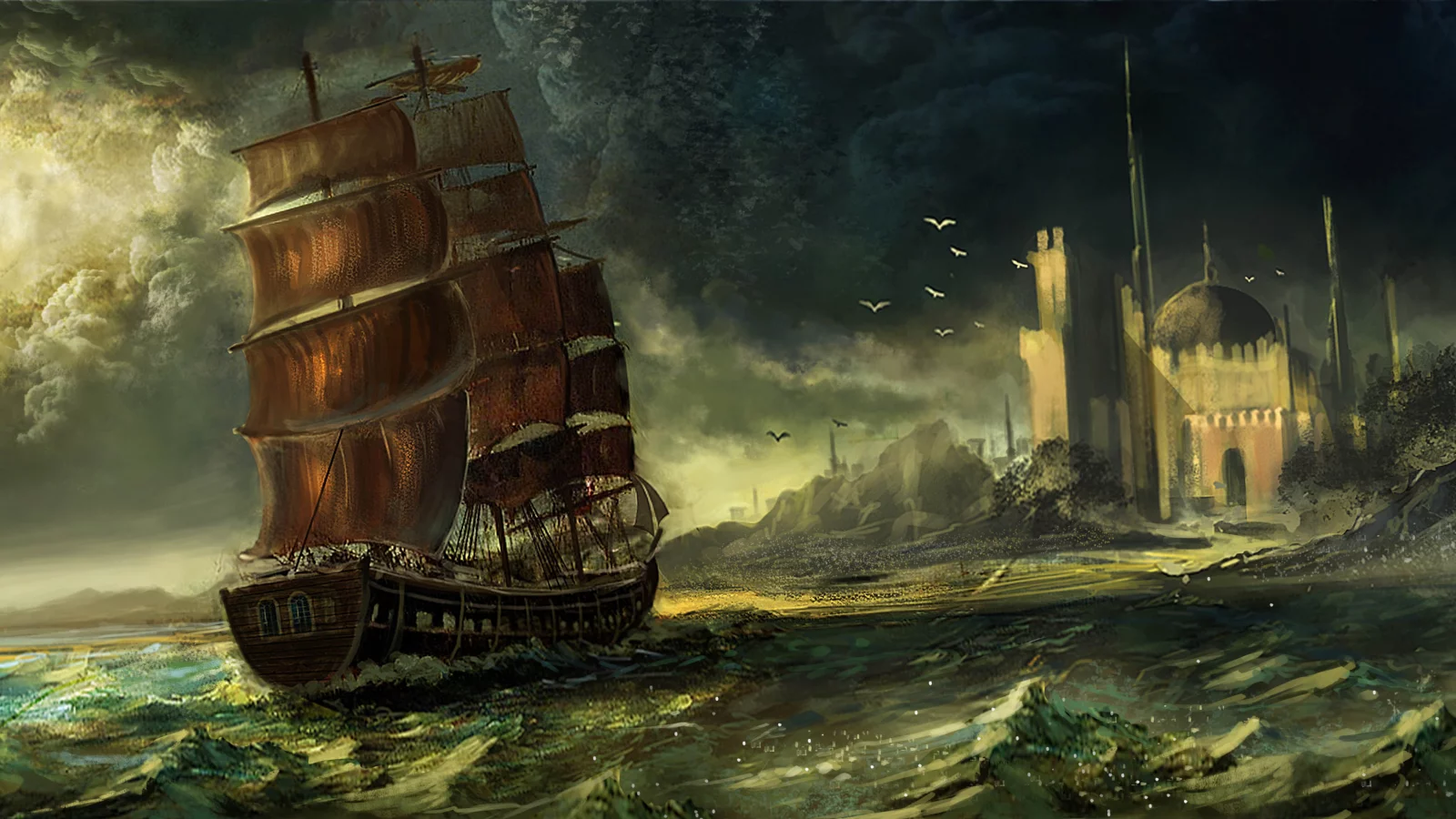  waqas mallick, парусник, город, арт, море, корабль, купол