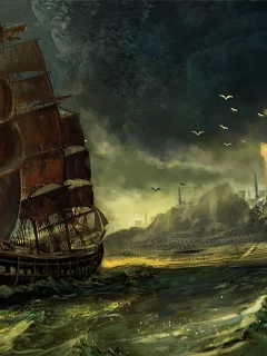  waqas mallick, парусник, город, арт, море, корабль, купол
