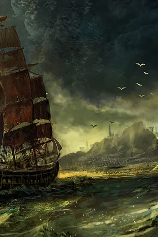  waqas mallick, парусник, город, арт, море, корабль, купол