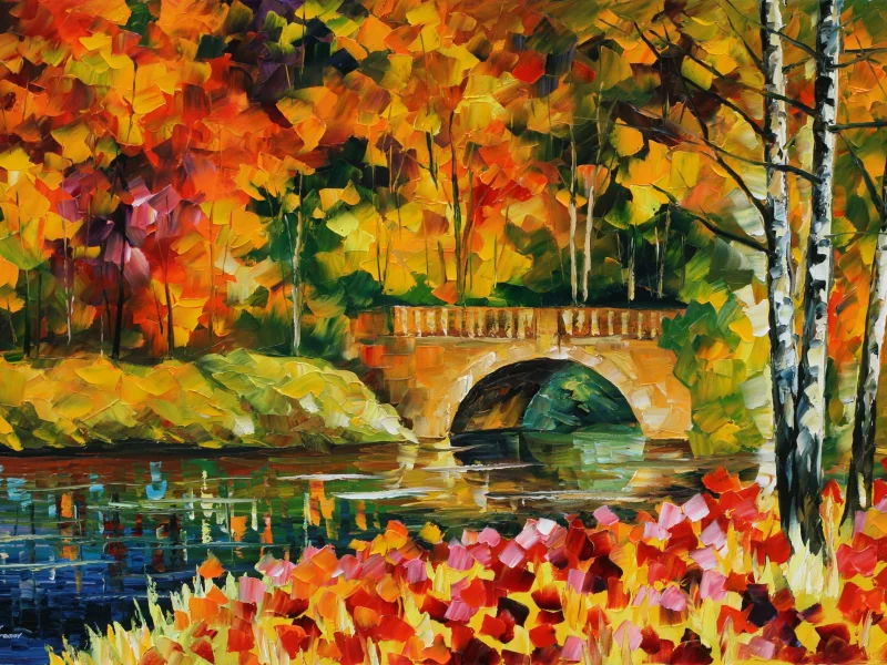 мост, живопись, деревья, листья, речка, вода, leonid afremov