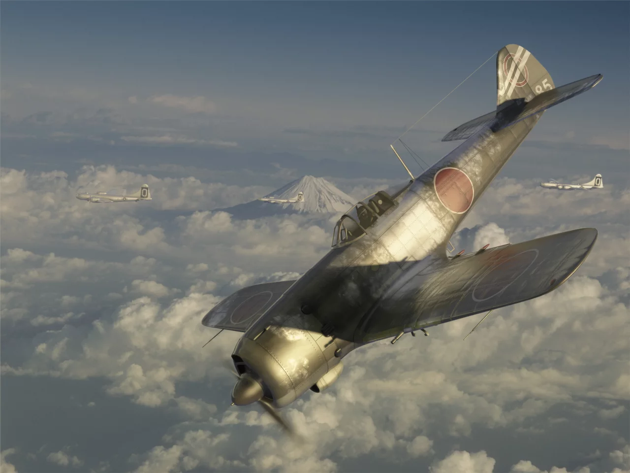 самолеты, ki-84, в небе, полет, арт, облака
