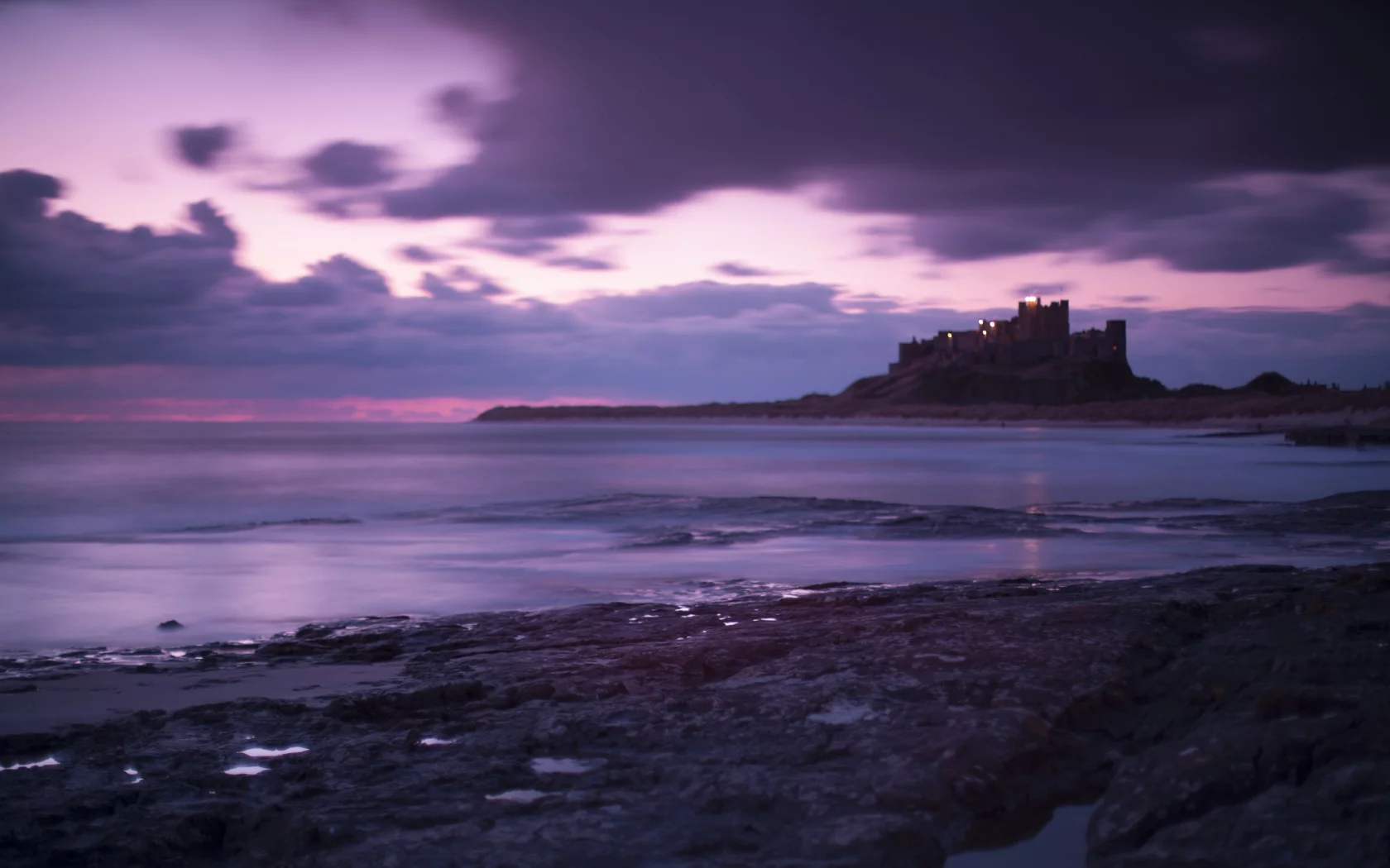 great britain, bamburgh castle, clouds, purple, sky, sea, evening, coast, england