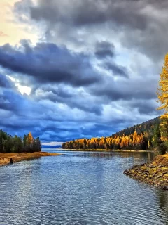 осень, утро, река, лес, рассвет, тучи