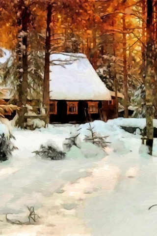 холст, дом, масло, картина, снег, зима, лес, деревья