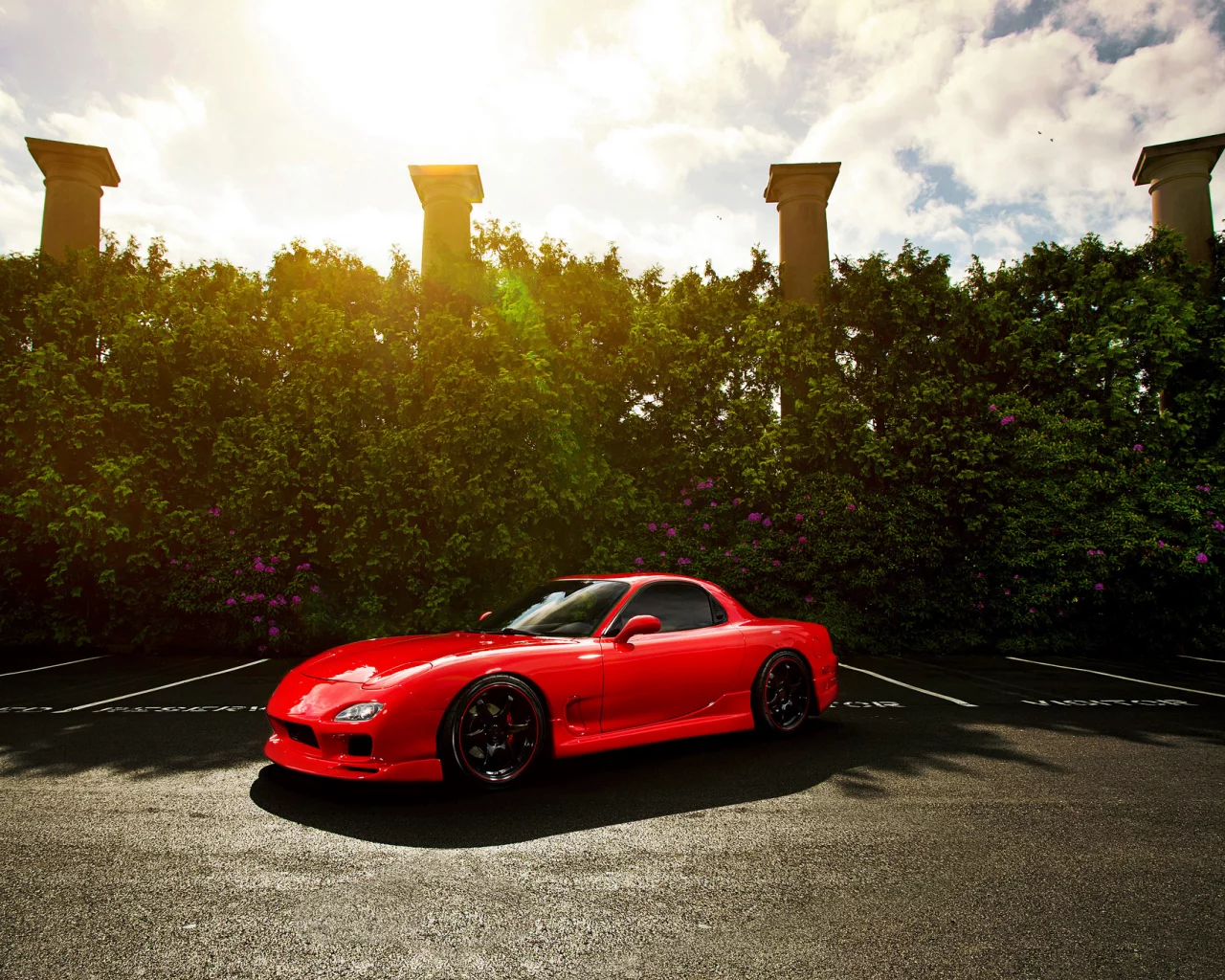 mazda, red, fd, мазда, солнце, колонны, красная, front, rx-7, блик