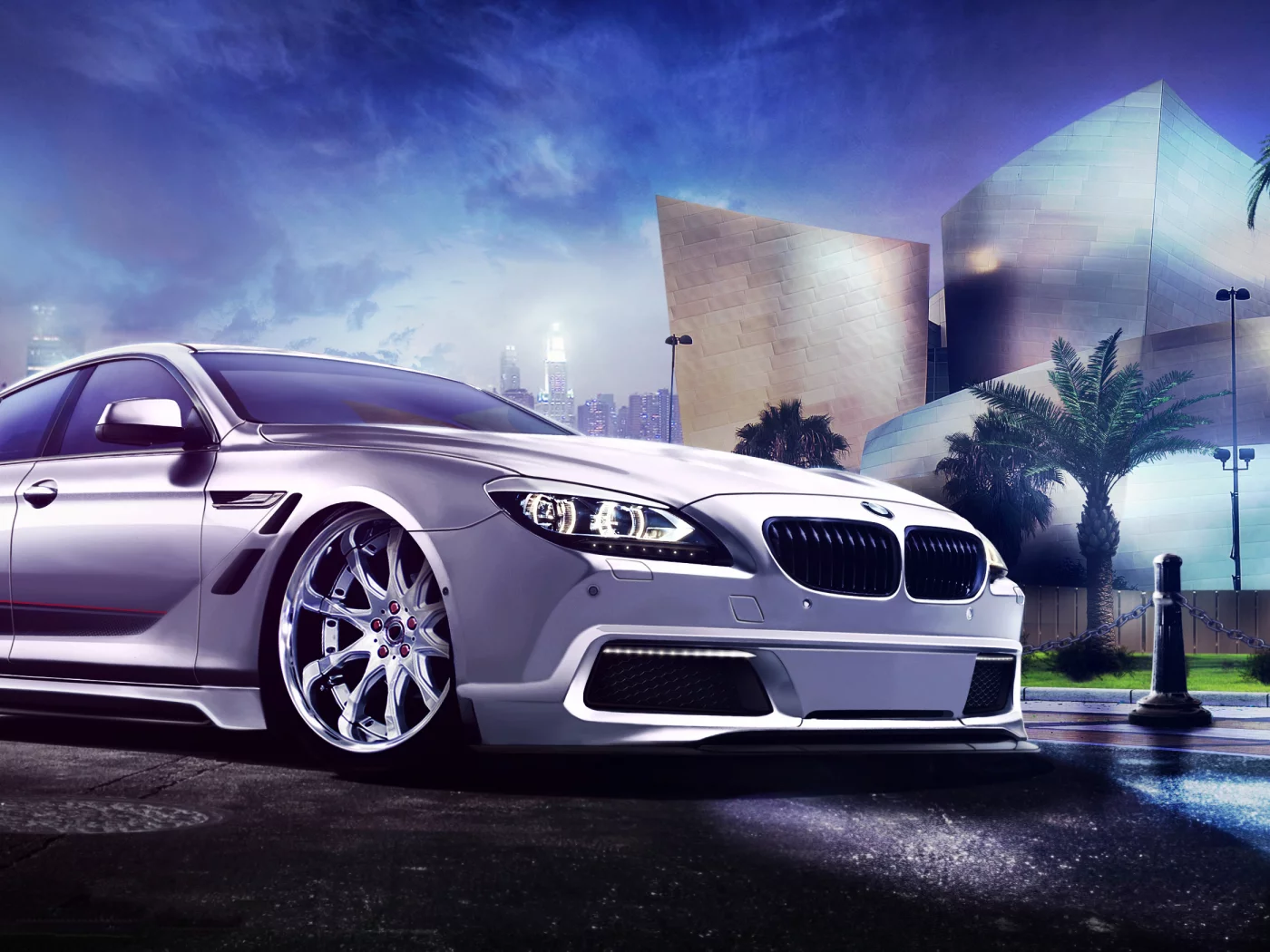белый, город, front, обвес, бмв, ночь, white, 6 series, bmw