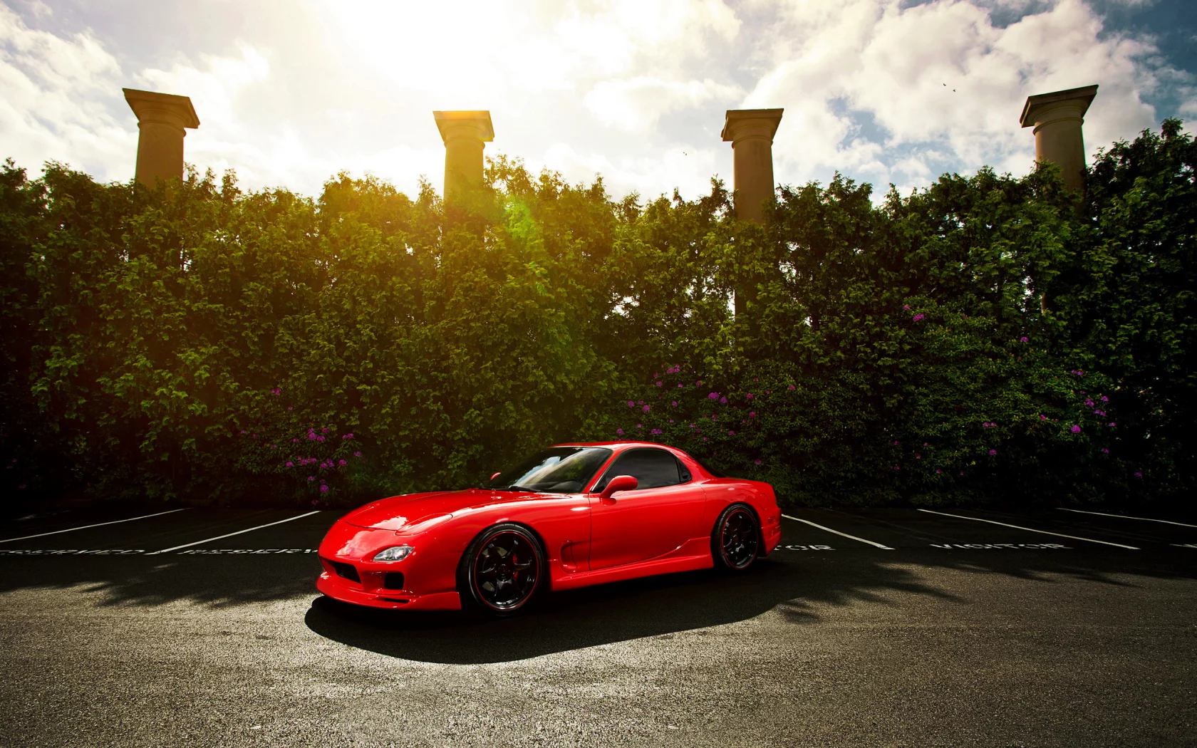mazda, red, fd, мазда, солнце, колонны, красная, front, rx-7, блик