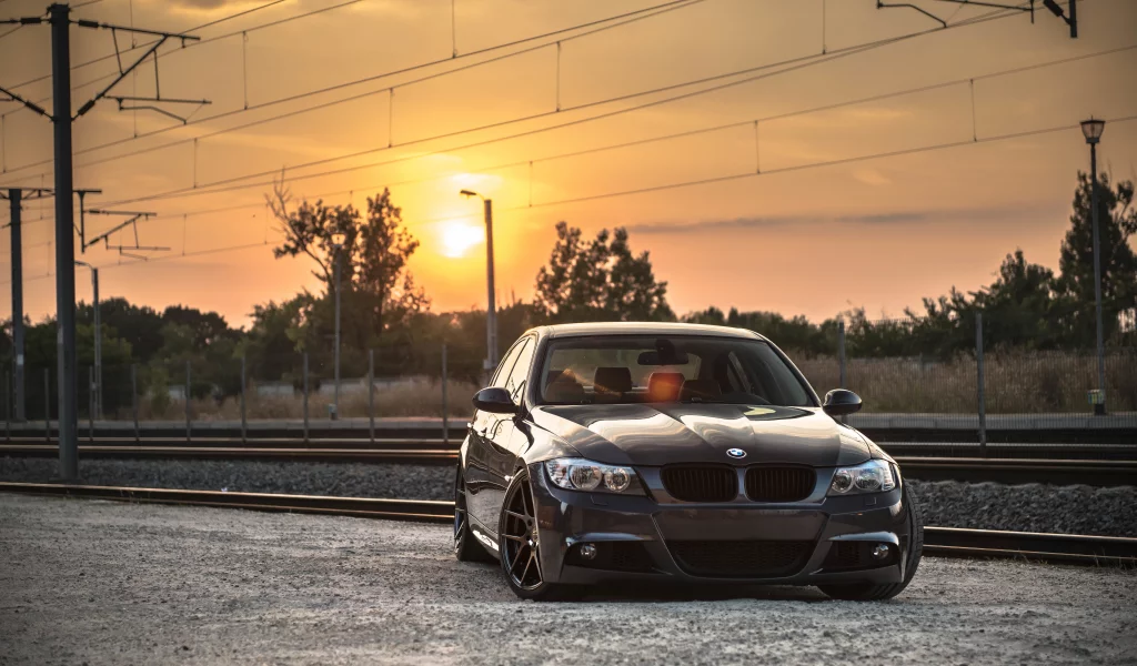 тюнинг, бмв, железная дорога, e90, диски, deep concave, закат, bmw