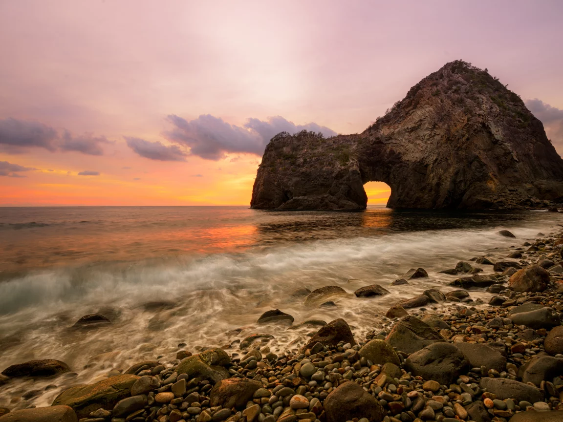 colors, beach, scale, clouds, stones, nature, ocean, water, scenery, sky, sea, landscape, sunset