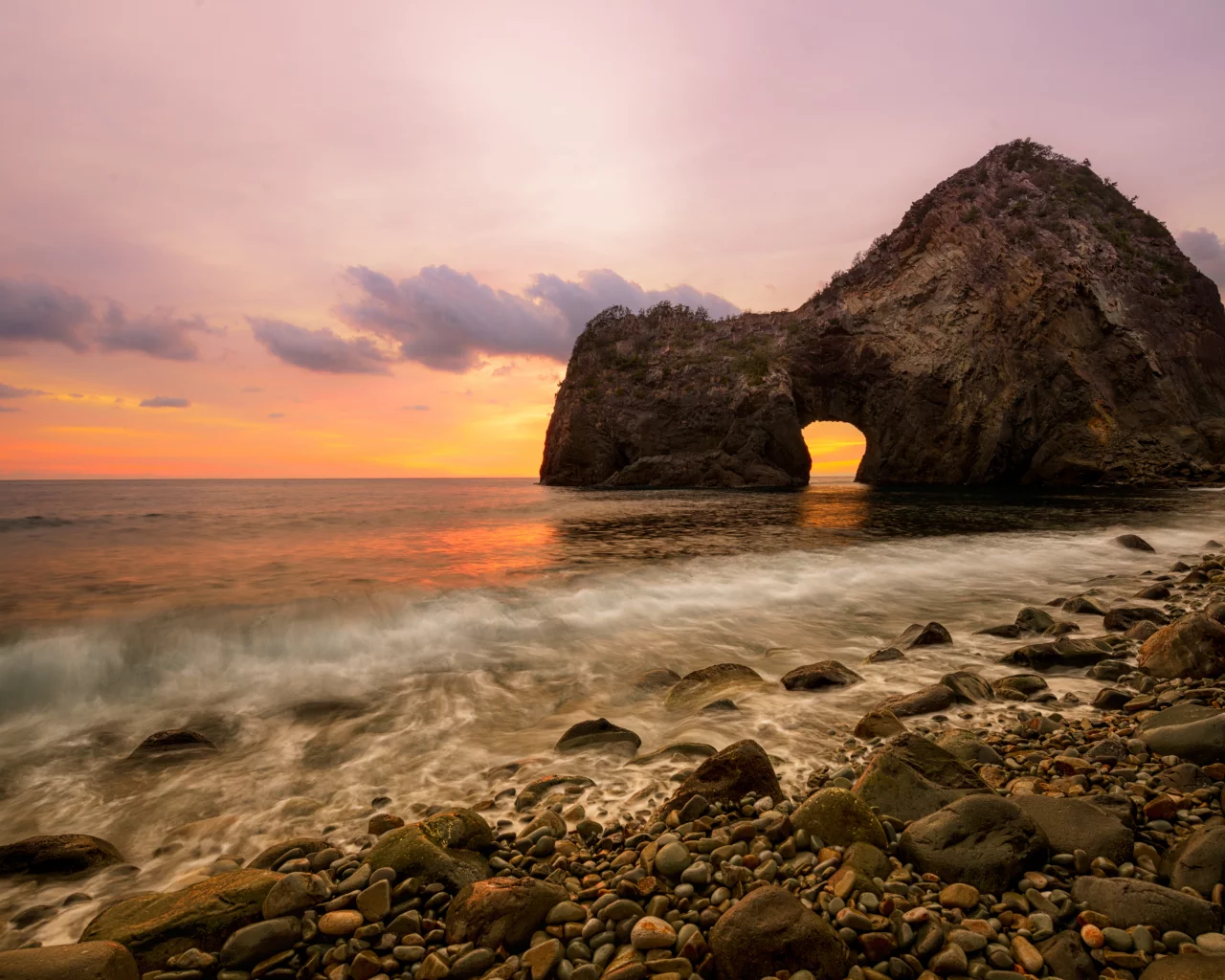 colors, beach, scale, clouds, stones, nature, ocean, water, scenery, sky, sea, landscape, sunset