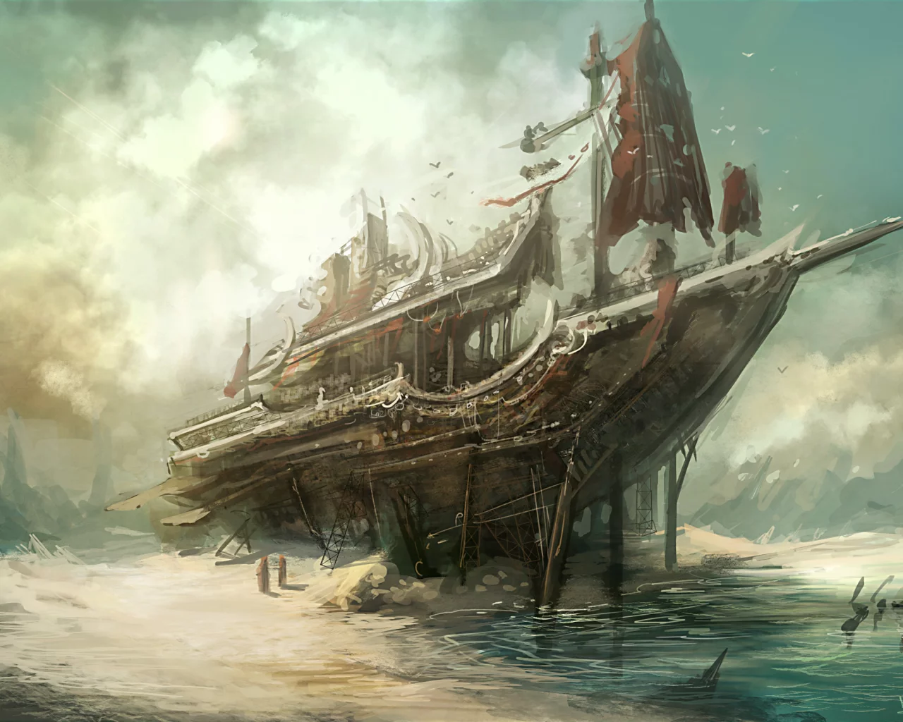 остов, берег, арт, море, корабль