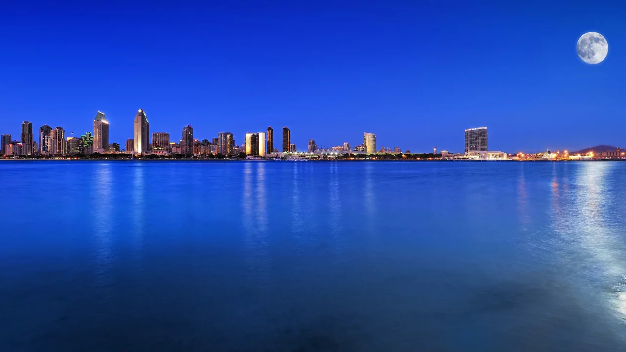 синее небо, san diego, луна, город, залив, пейзаж, usa, ночь