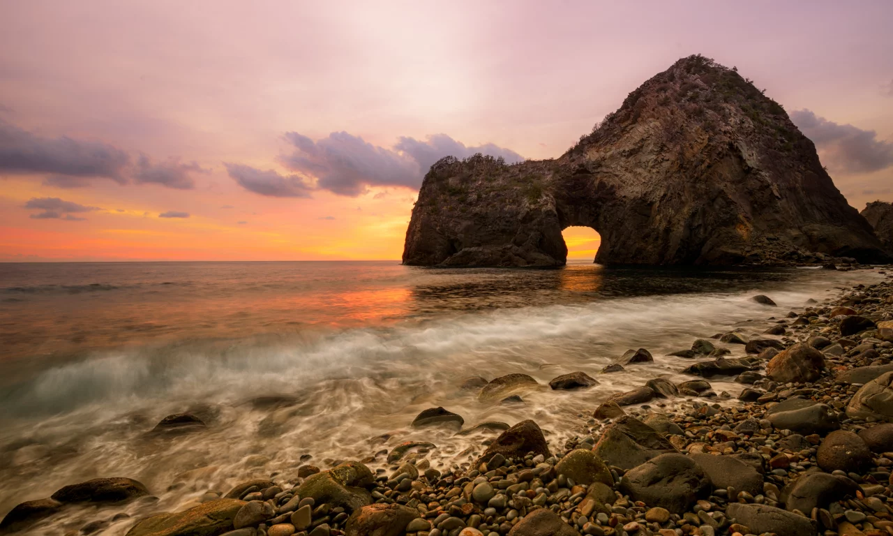 colors, beach, scale, clouds, stones, nature, ocean, water, scenery, sky, sea, landscape, sunset