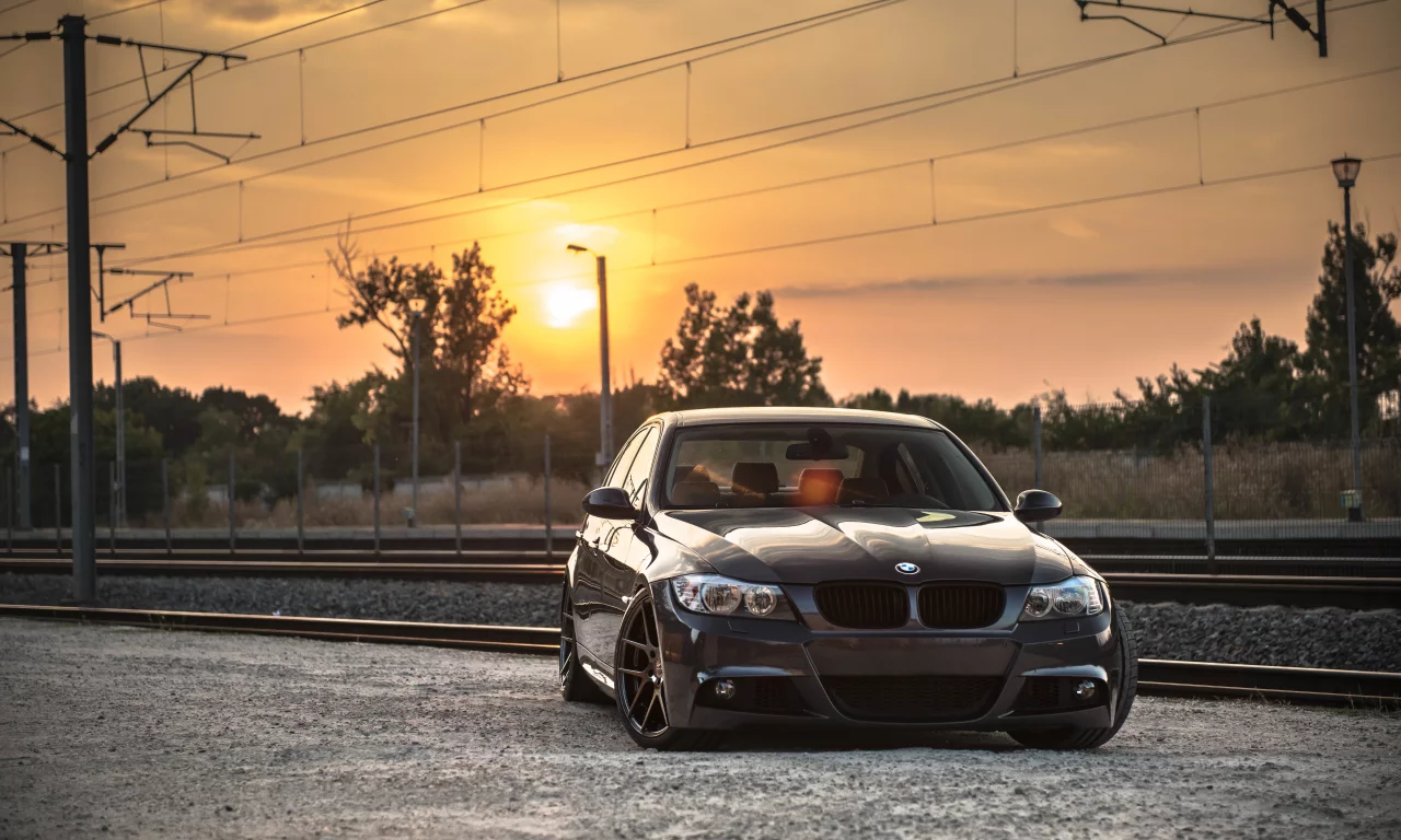 тюнинг, бмв, железная дорога, e90, диски, deep concave, закат, bmw