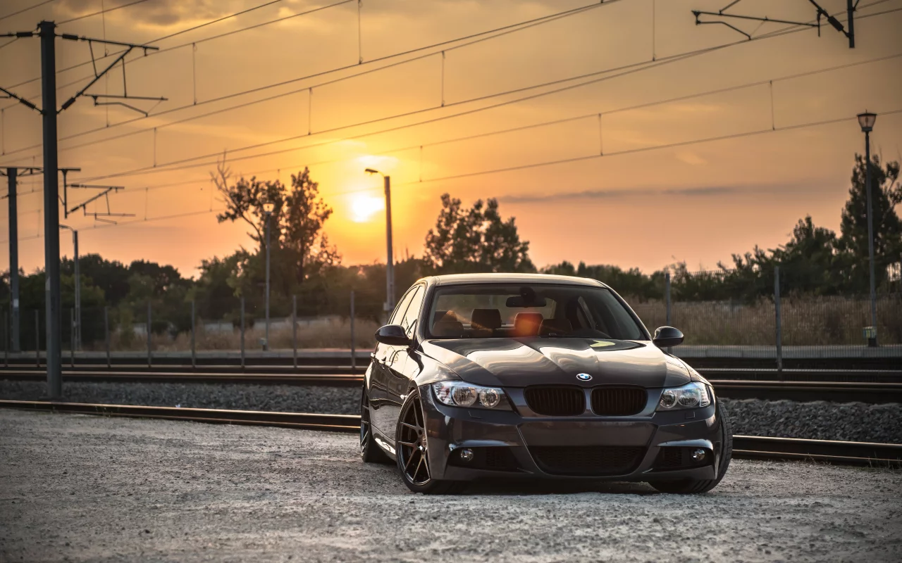 тюнинг, бмв, железная дорога, e90, диски, deep concave, закат, bmw
