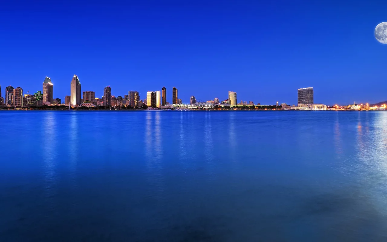 синее небо, san diego, луна, город, залив, пейзаж, usa, ночь