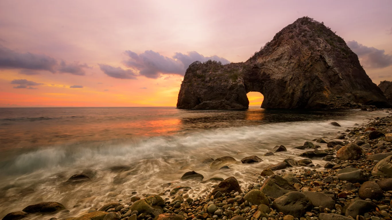 colors, beach, scale, clouds, stones, nature, ocean, water, scenery, sky, sea, landscape, sunset