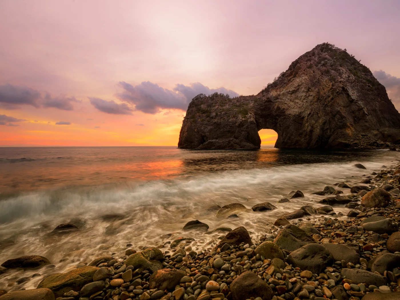 colors, beach, scale, clouds, stones, nature, ocean, water, scenery, sky, sea, landscape, sunset