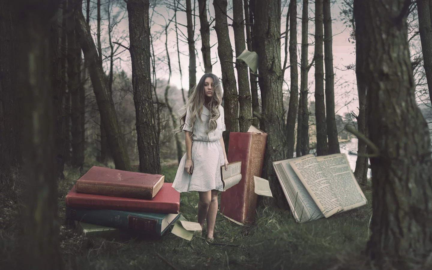 лес, книги, девушка