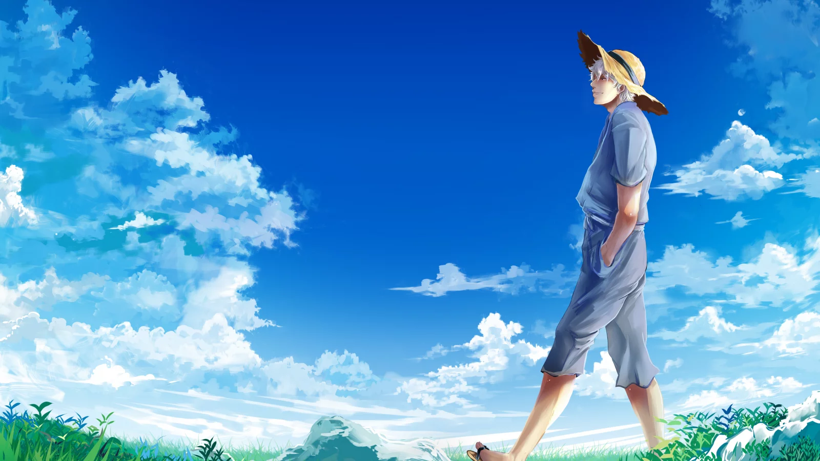 шляпа, парень, sakata gintoki, гинтама, gintama, небо, облака, луг