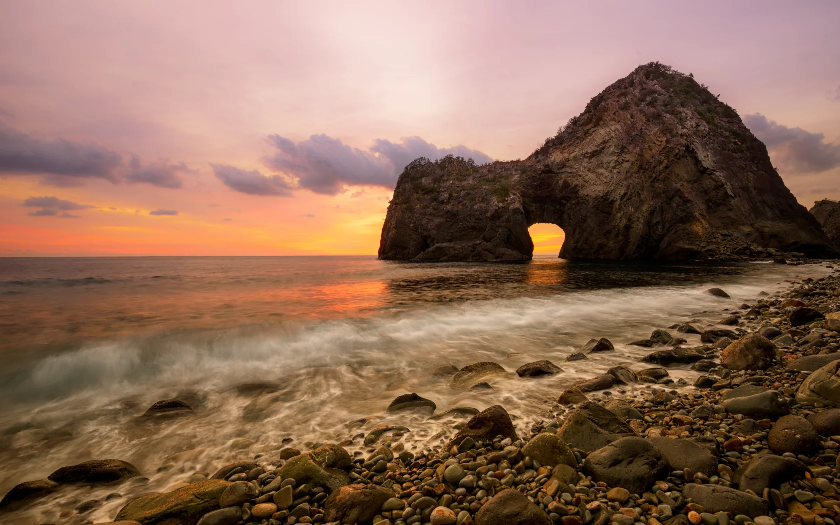 colors, beach, scale, clouds, stones, nature, ocean, water, scenery, sky, sea, landscape, sunset