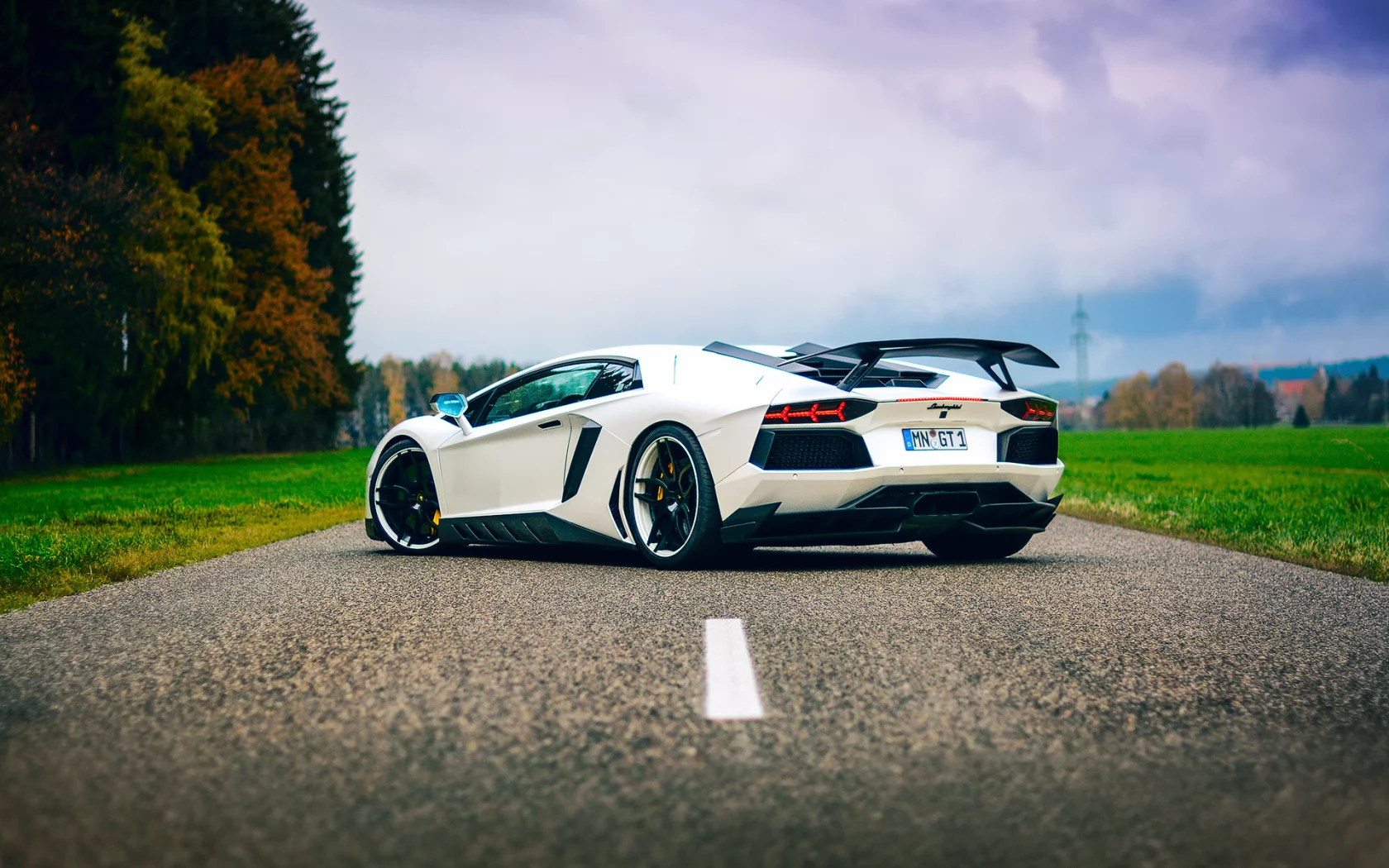 небо, тюнинг, aventador, lamborghini, дорога, белая