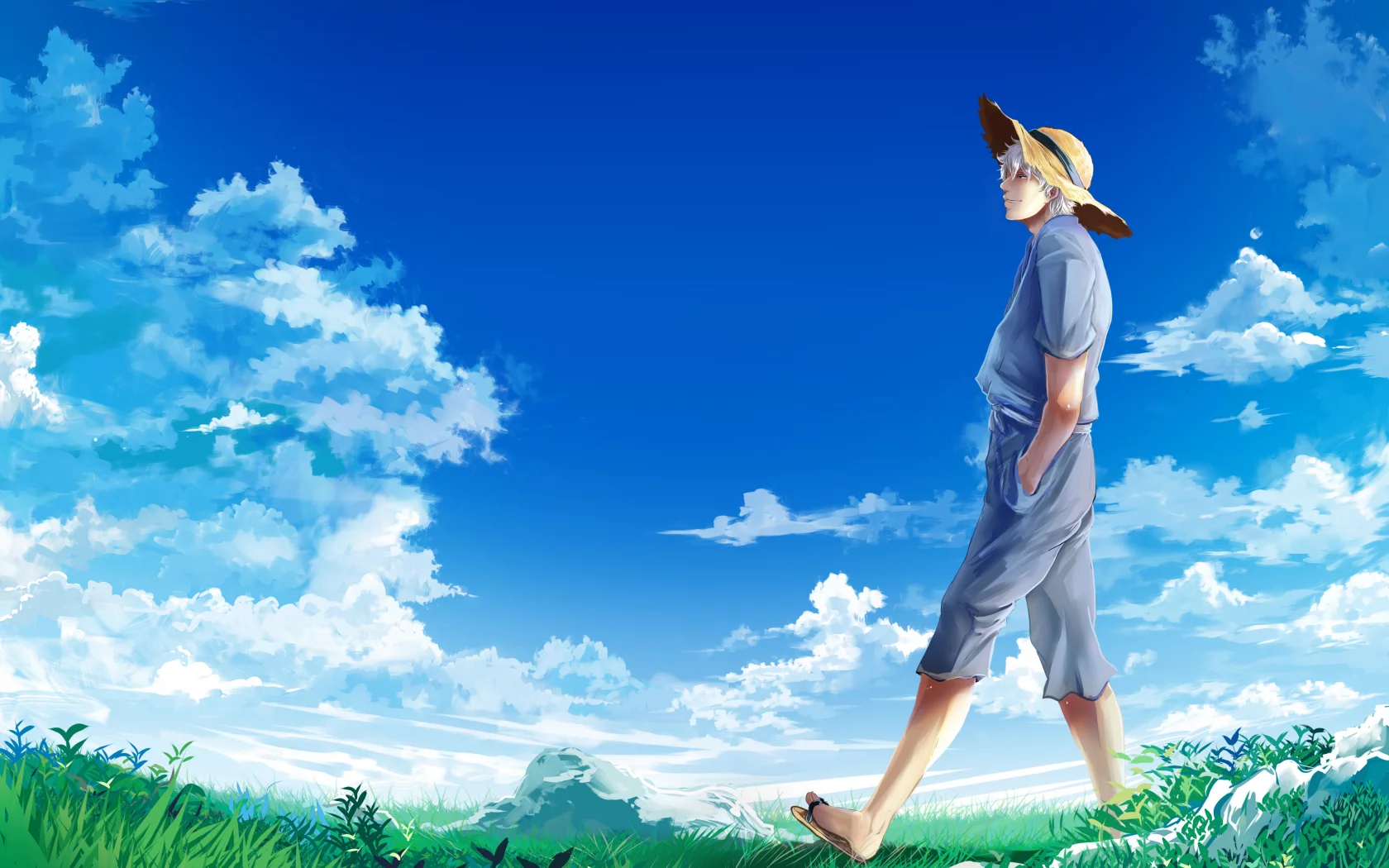 шляпа, парень, sakata gintoki, гинтама, gintama, небо, облака, луг
