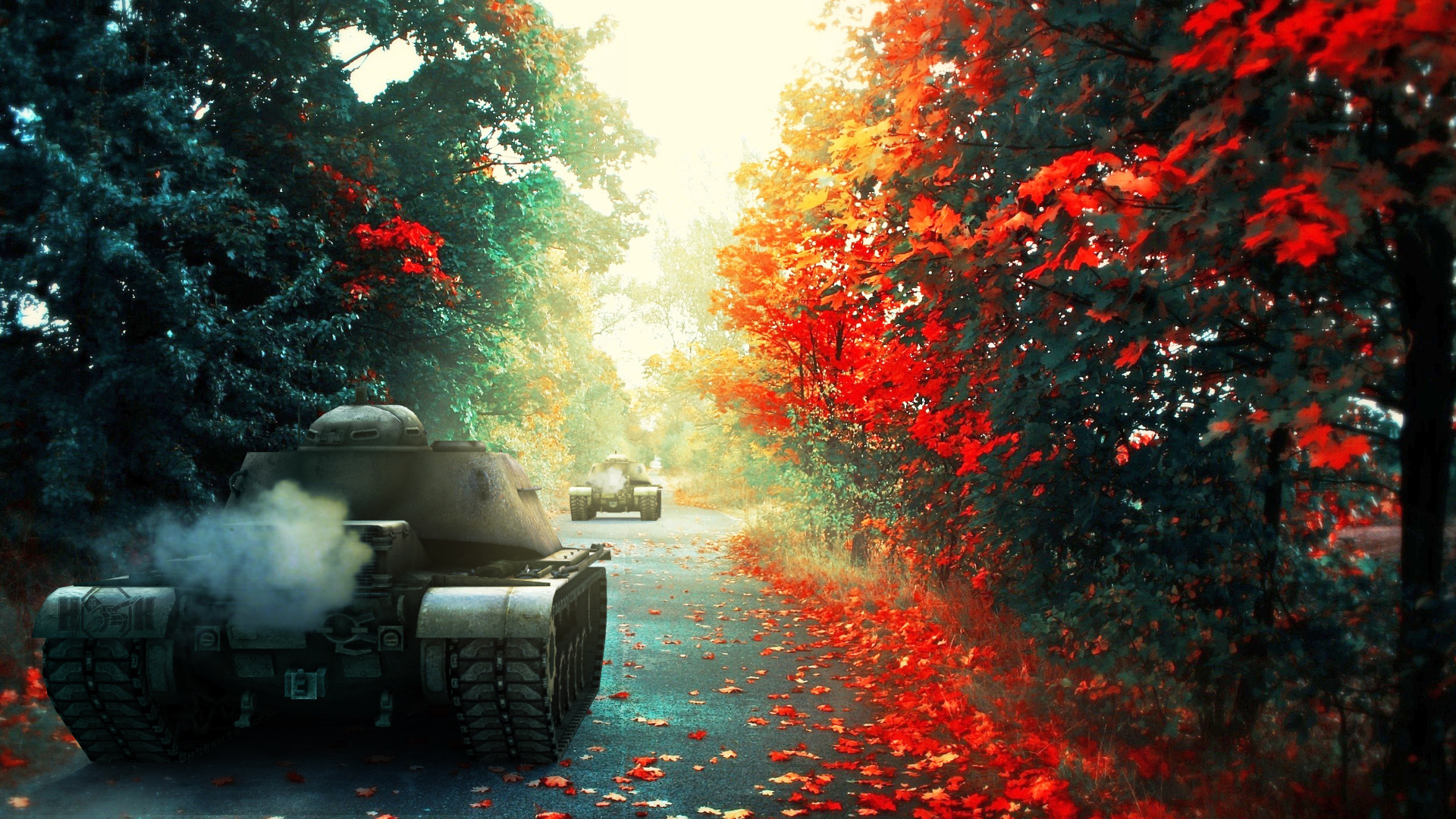 Картинка на рабочий стол лес, t110e4, с.т.в.о.л., wot, арт, world of tanks,  осень, танки, дорога 1920 x 1080