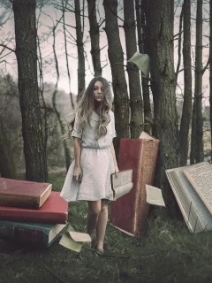 лес, книги, девушка