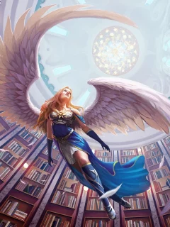 крылья, ангел, свод, библиотека, книги, арт, девушка