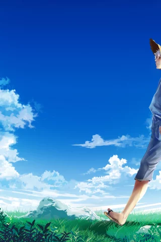 шляпа, парень, sakata gintoki, гинтама, gintama, небо, облака, луг