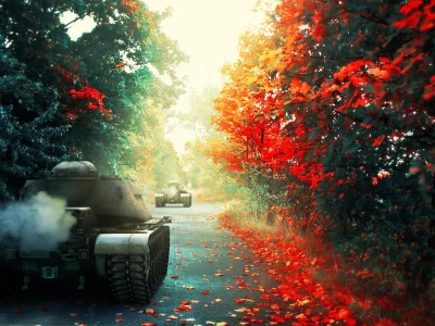 лес, t110e4, с.т.в.о.л., wot, арт, world of tanks, осень, танки, дорога