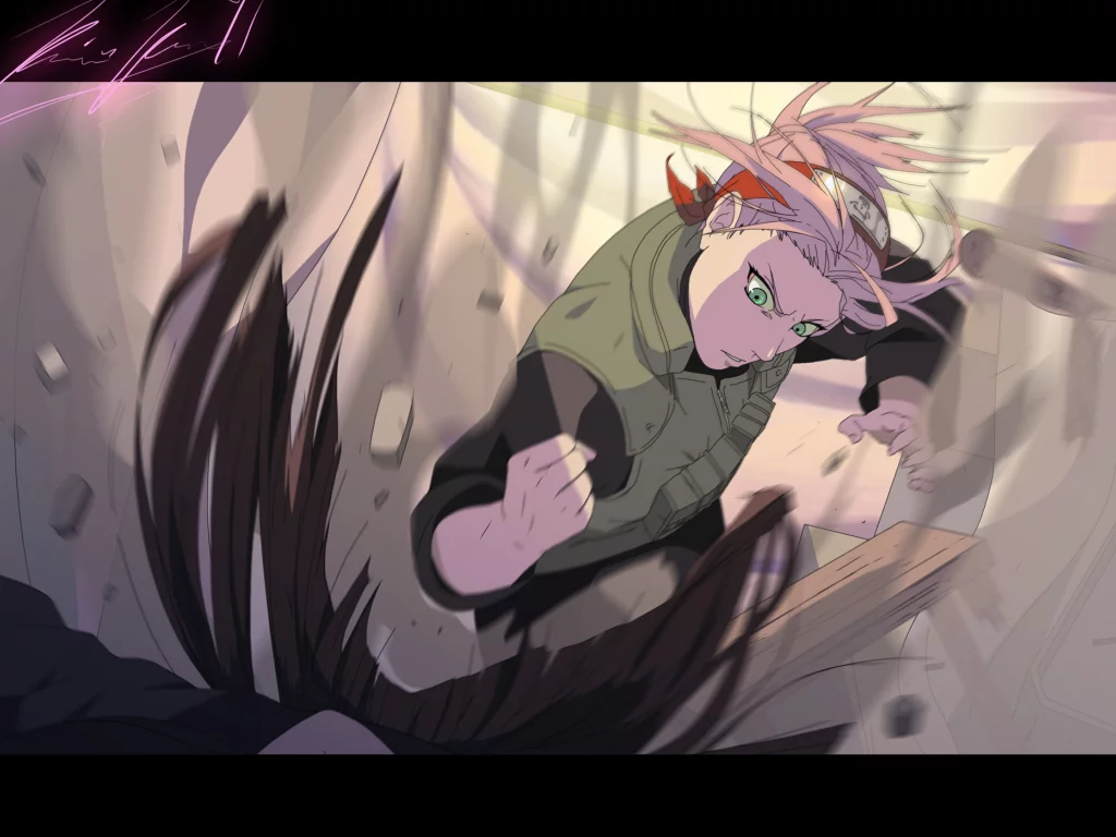 девушка, повязка, sakura haruno, взгляд, пыль, камни, naruto, удар