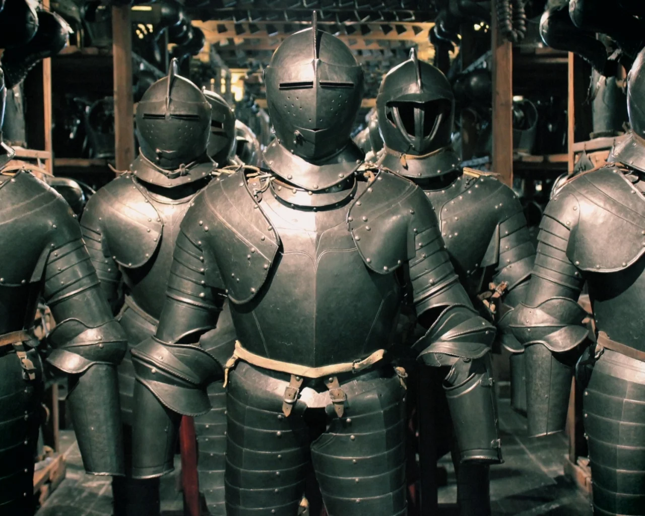helmet, full armor of battle, leather, metal