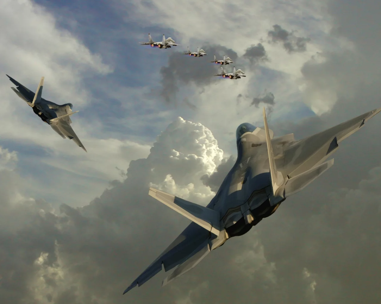 тучи, миг-29, f-22, облака, истребители, небо